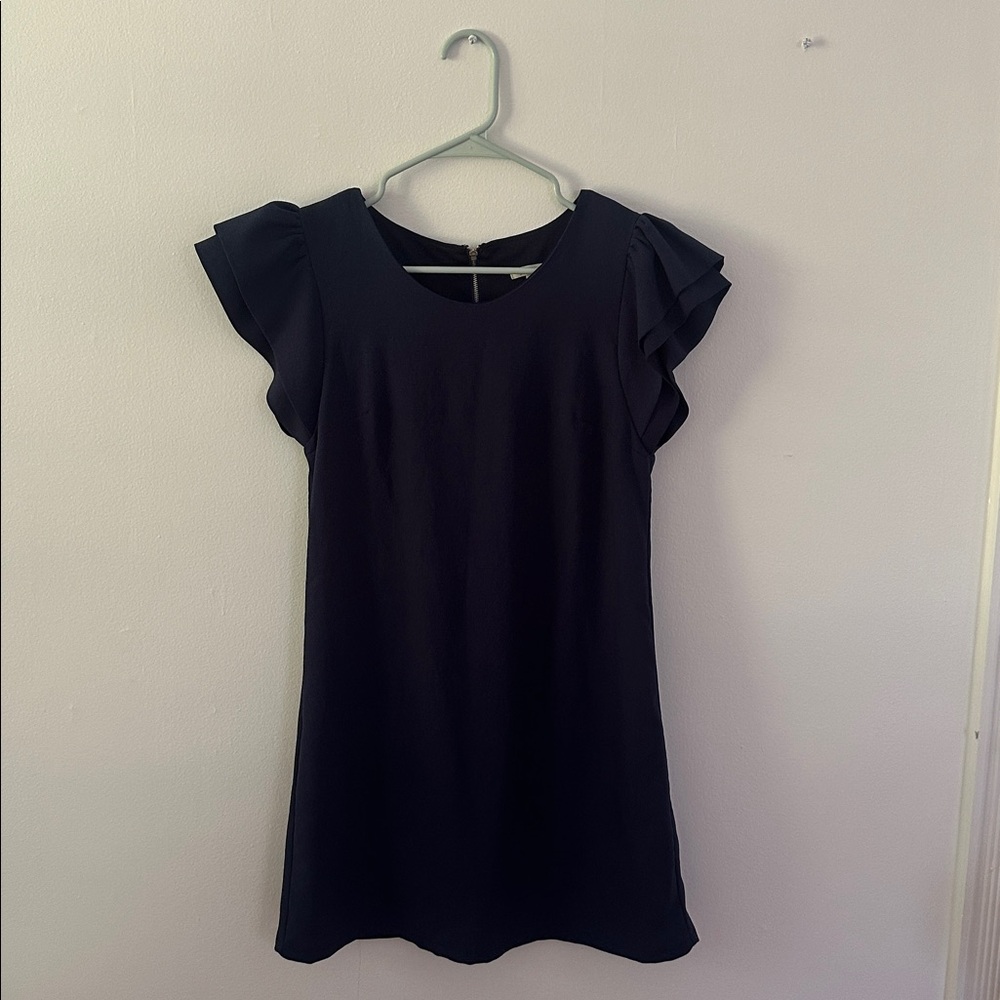 Miami Navy Blue Dress ruffle sleeve size small EUC